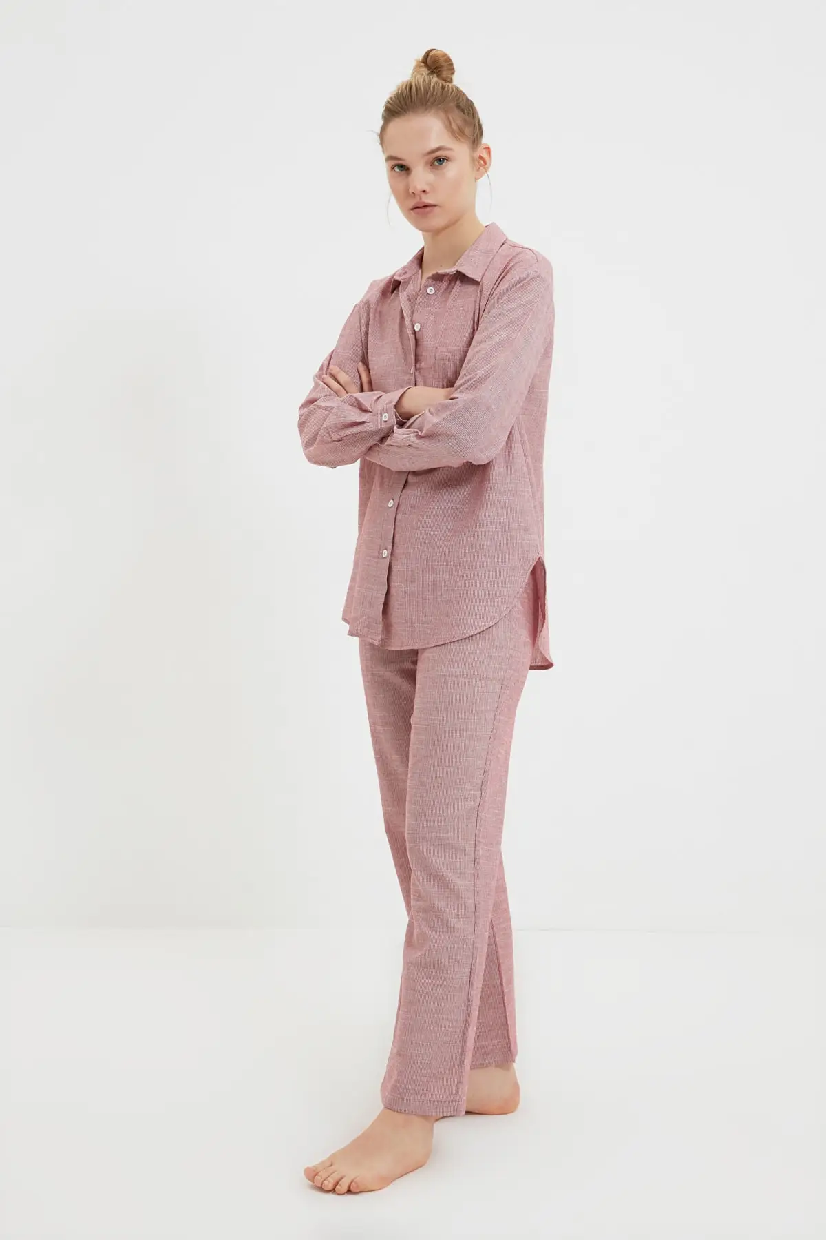 

Burgundy Striped Woven 100% Cotton Long-Sleeve Nightgown Pajamas set