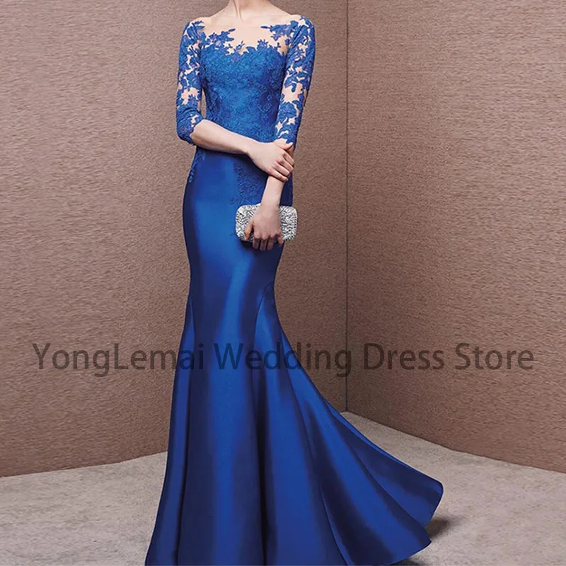 

Prom Dresses For Wedding Party Dresses Plus Size Royal Blue Celebrity Half Sleeves See Through Back Women Mermaid Evening Dresse