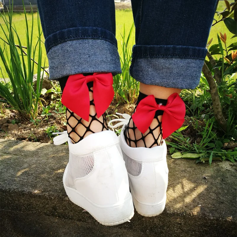 Женские дышащие черные ажурные носки в стиле Харадзюку с бантом сексуальные
