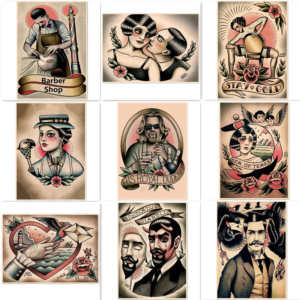 

Vintage Kraft Paper Stickers Barber Shop Wall Decor Drawing Retro Creative Tattoo Art Posters and Prints Wall Hanging Painting 1