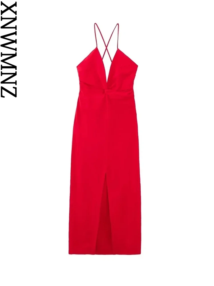 

XNWMNZ 2023 женское модное красное льняное миди-платье с узлом для отпуска с V-образным вырезом и перекрестными тонкими бретельками с разрезом спереди женские шикарные платья