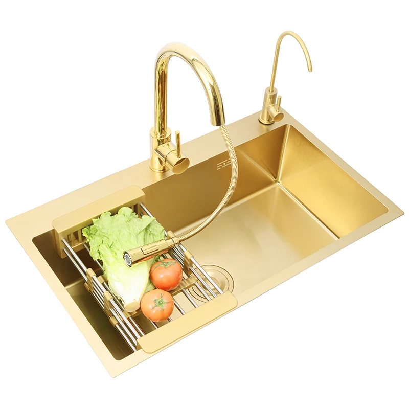 

Brushed Gold Single Sink Bowel 30 Inch 9 Gauge Kitchen Sink SUS304 Stainless Steel Kitchen Towel Undermount Basket Strainer