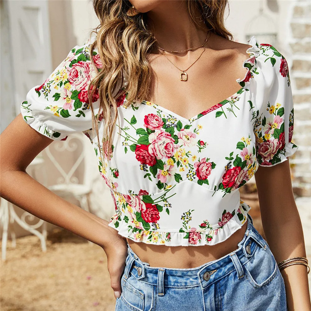 

Women Blouse Bohemian Print Shirt Women's Short Fashion Casual Vacation Ladies Top Summer 2022 Sweet Heart Sicilian Fashion