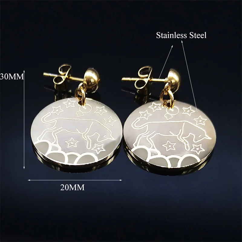 2022 Fashion Stainless Steel Taurus Stud Earrings Gold Color Round Small Astrology Earrings Jewelry pendientes acero E9200S06 images - 6