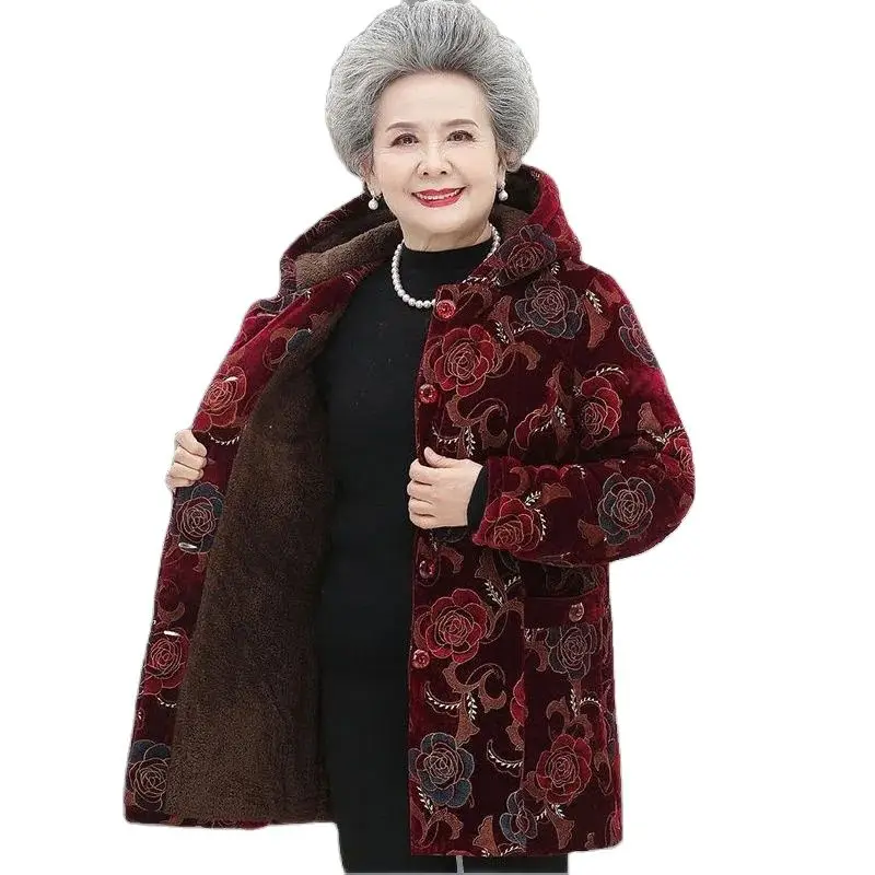 

Middle-Aged Elderly Grandmother Cotton-Padded Coat Winter Add Velvet Keep Warm Jacket Parka Thickened Hooded Women's Cotton Coat