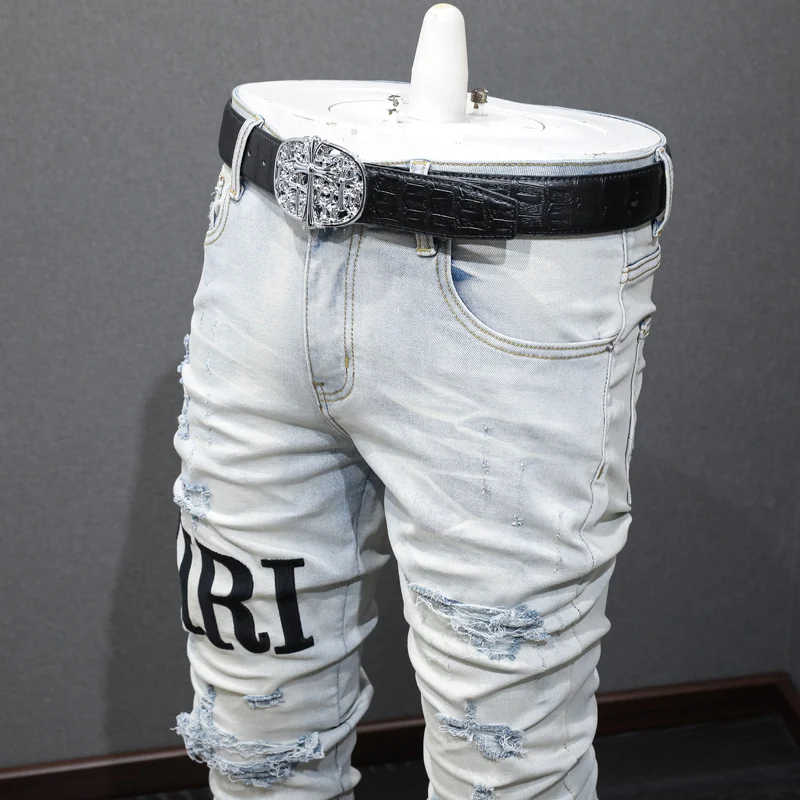 Street Fashion Men Jeans Retro Light Blue Elastic Stretch Skinny Ripped Jeans Men Brand Patches Designer Hip Hop Pants Hombre