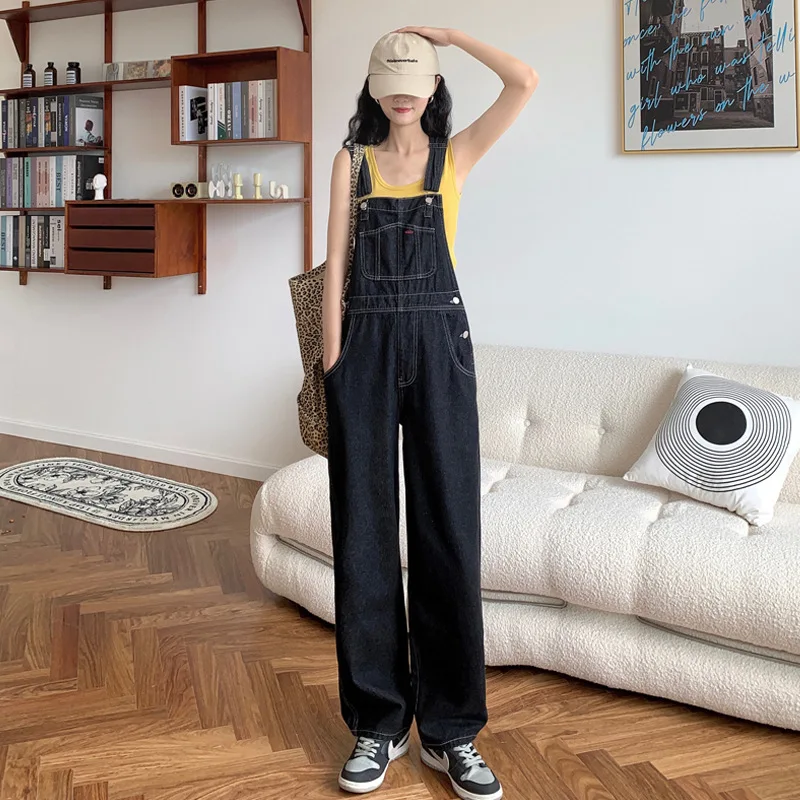 Loose Vintage Denim Suspender Pants Women Straight-Leg Casual Jeans Overalls Jumpsuits Tide Pockets Coverall