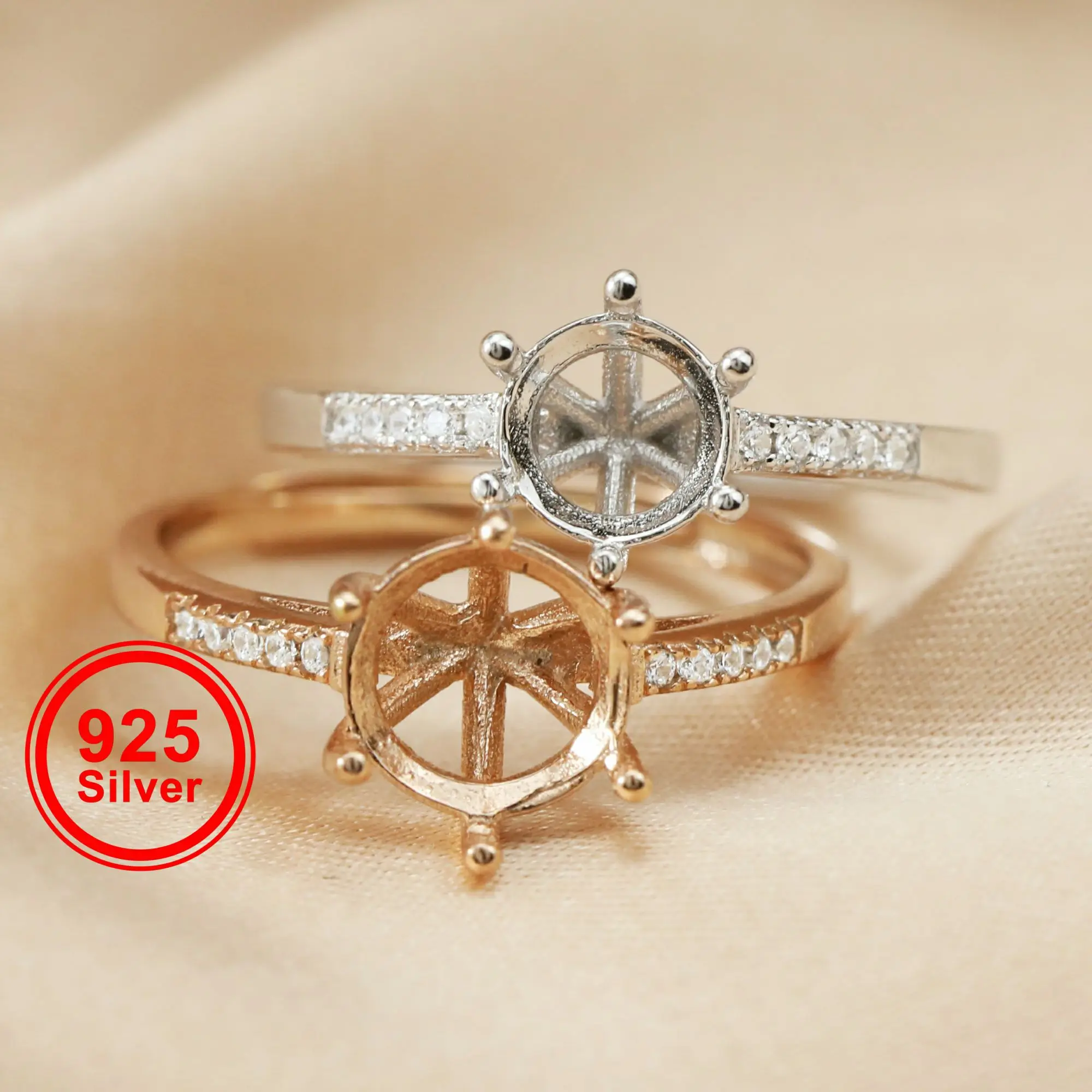 

6.5-9mm DIY round CZ stone claw prong setting 925 sterling silver bezel tray adjustable ring settings 1214012