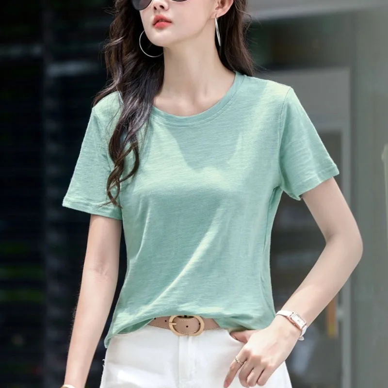 Летняя базовая хлопковая футболка для женщин 2025 года корейский стиль женская