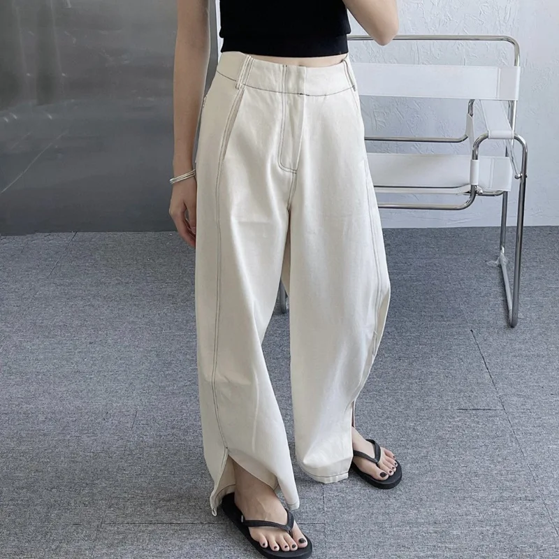 

2023 AW Women's High-quality Niche Casual Pants Slit High-waisted Jeans Thickened Cotton Trousers Loose Feeling Wide-leg Pants