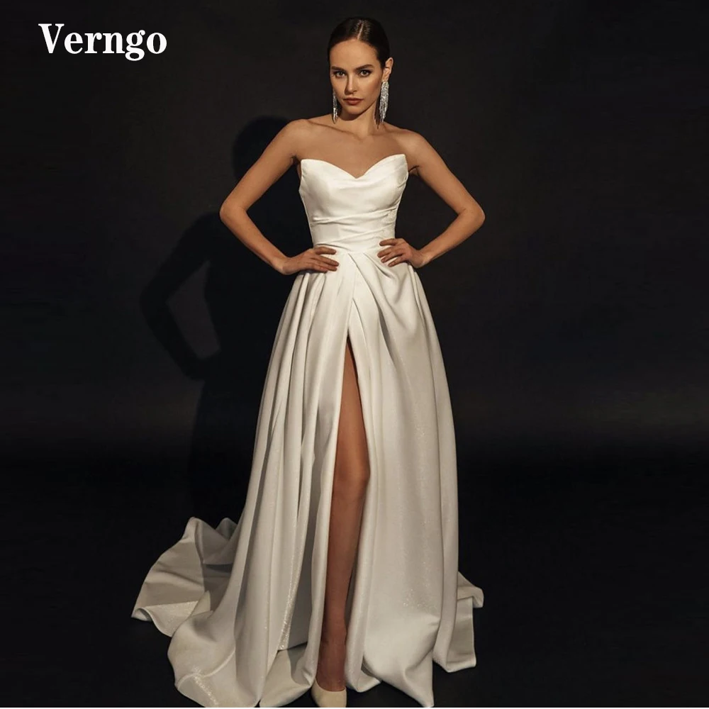 

Verngo Simple Satin A Line Wedding Dresses Sweetheart Pleats Side Slit Sweep Train Bridal Gowns Women White Long Formal Dress