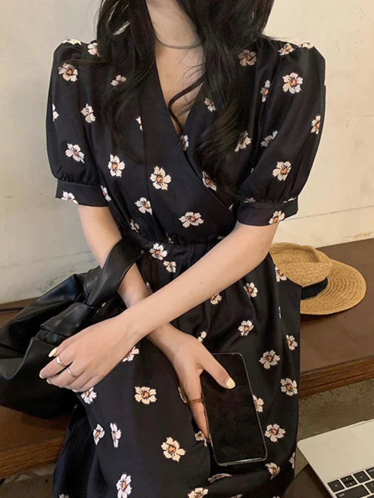 

Gaganight Women Cross V neck Floral Folds Waist Puff Sleeves Dress 2022 Korean Summer French Retro Large Swing Dresses Female
