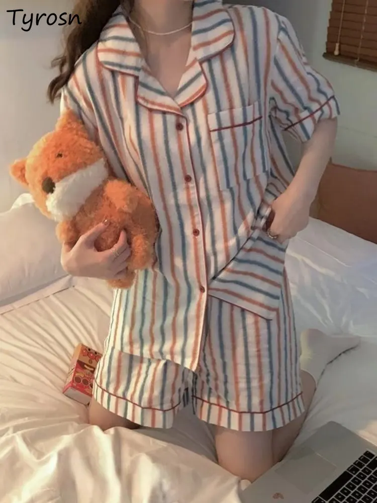 

Pajama Sets Women Striped Minimalist Pocket Leisure Fashion Comfortable Ladies Tender Korean Style Summer Panelled Classic Ins