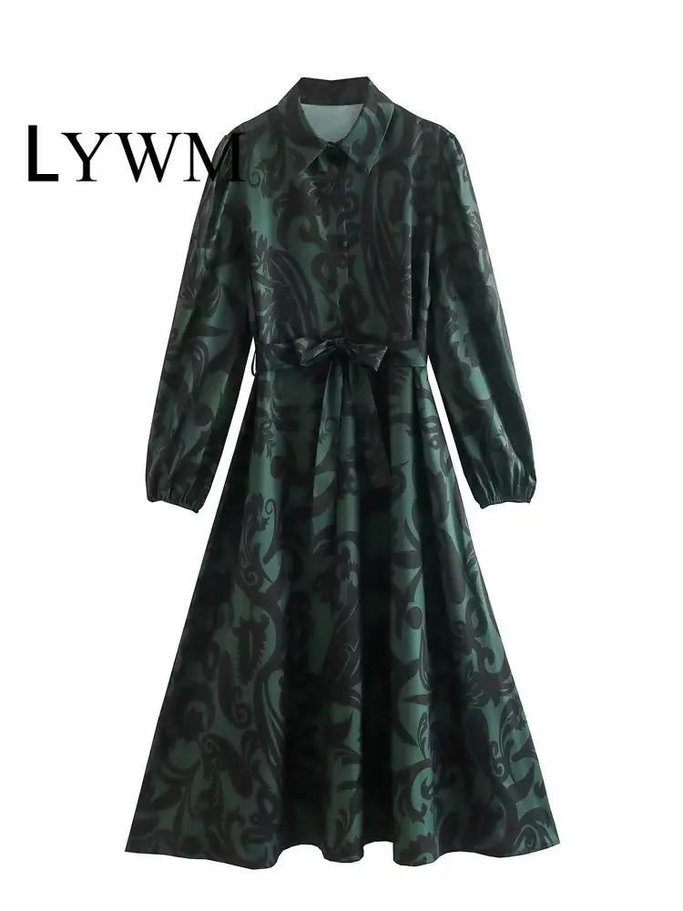 

LYWM Women Fashion With Belt Printed Single Breasted Midi Dress Vintage Lapel Neck Long Sleeves Female Chic Lady Dresses