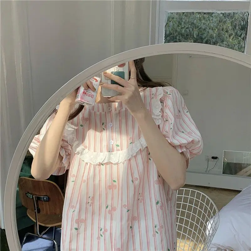 Yasuk Spring Summer Women's Casual Girl Print Flower Lovely Pullover Sleepwear Pajamas Set Skirt Nightdress Ruffles Short Sleeve