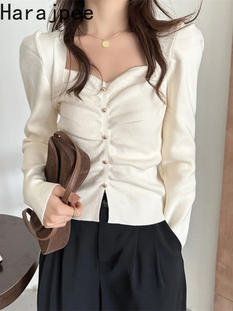 

Женский однотонный кардиган Harajpee, приталенный однобортный Кардиган на пуговицах с квадратным воротником, универсальный модный топ в Корей...