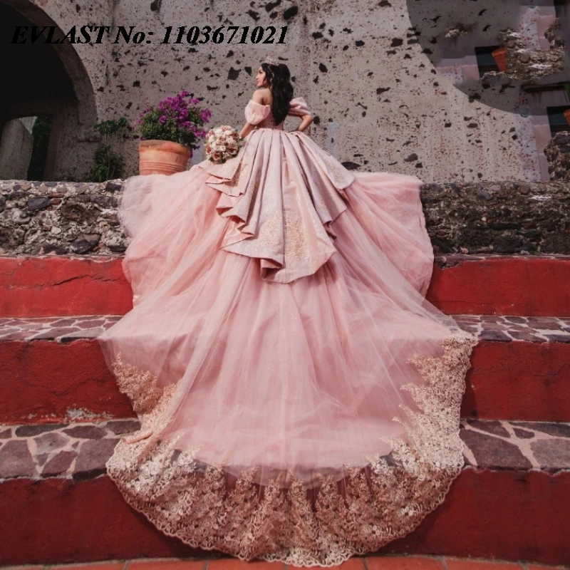 EVLAST принцесса Румяна розовое платье Quinnceanera бальное Кружевная аппликация вышитые