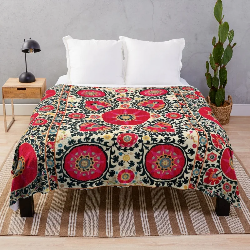 

Shakhrisyabz Suzani Uzbek Embroidery Print Throw Blanket crop blanks
