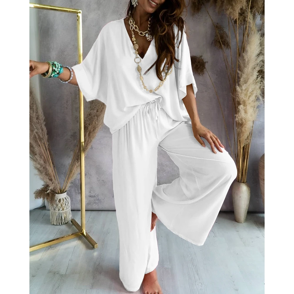 

2022 Women Summer Streetwear Fashion Femme Solid V-Neck Half Sleeve Two Pieces set V-Neck Batwing Sleeve Top and Casual Pant Set