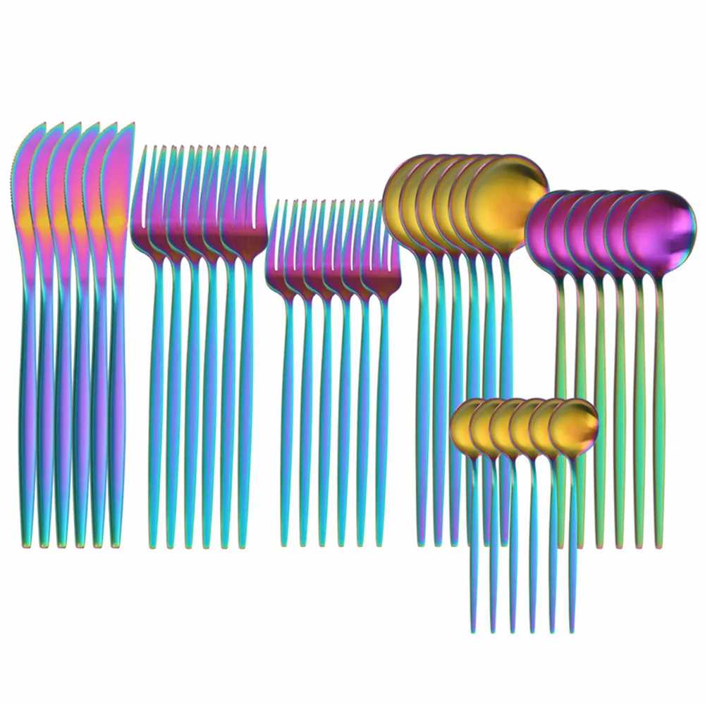 

Western 36Pcs Stainless Steel Cutlery Set Spoon Rainbow Kitchen Tableware Matte Silverware Forks Spoons Knives Set Dinnerware