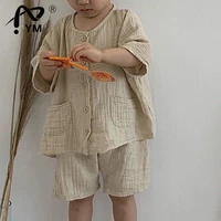 new childrens summer clothes korean suit retro mori cotton wrinkle single breasted loose casual suit for boys and girls