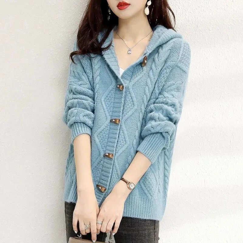 

Vintage Horn Buttons Hooded Sweater Coat Women Autumn Winter New Twist Knitted Cardigan Long Sleeve Knitwear Ladies Tops G2918