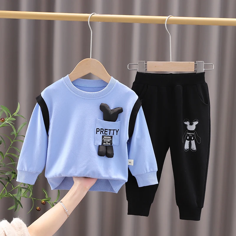 

Childrens Clothing Sets Spring Autumn Baby Boy 2022 Fashion Kids Letter Sweatshirt with Doll bear+Pants Toddler Casual Tracksuit