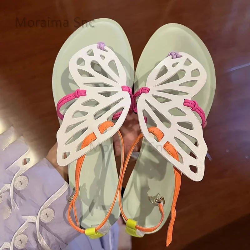 

White Butterfly Flats Clip Toe Sandals for Women 2023 Summer Shoes Fashion Daily Buckle Strap Low Heel Hollow Lady Shoes