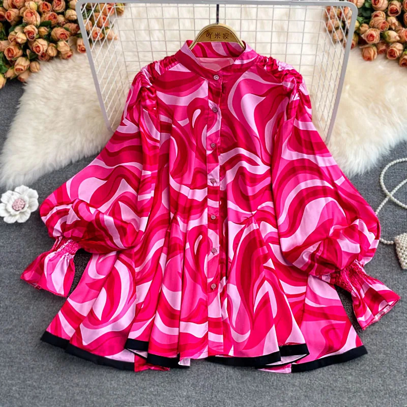 

Рубашка средней длины в европейском и американском стиле, Свободная блуза с принтом и завязкой, с рукавами-фонариками, с оборками и воротником-стойкой, весна-осень