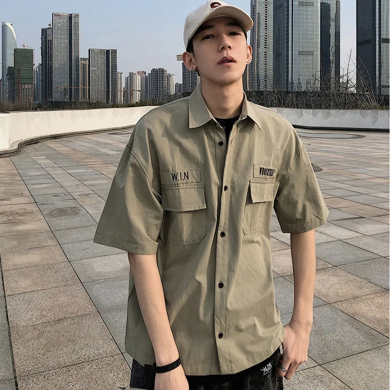 

Five-point sleeve frock shirt male loose version trend half sleeve T-shirt jacket blouses mens shirts