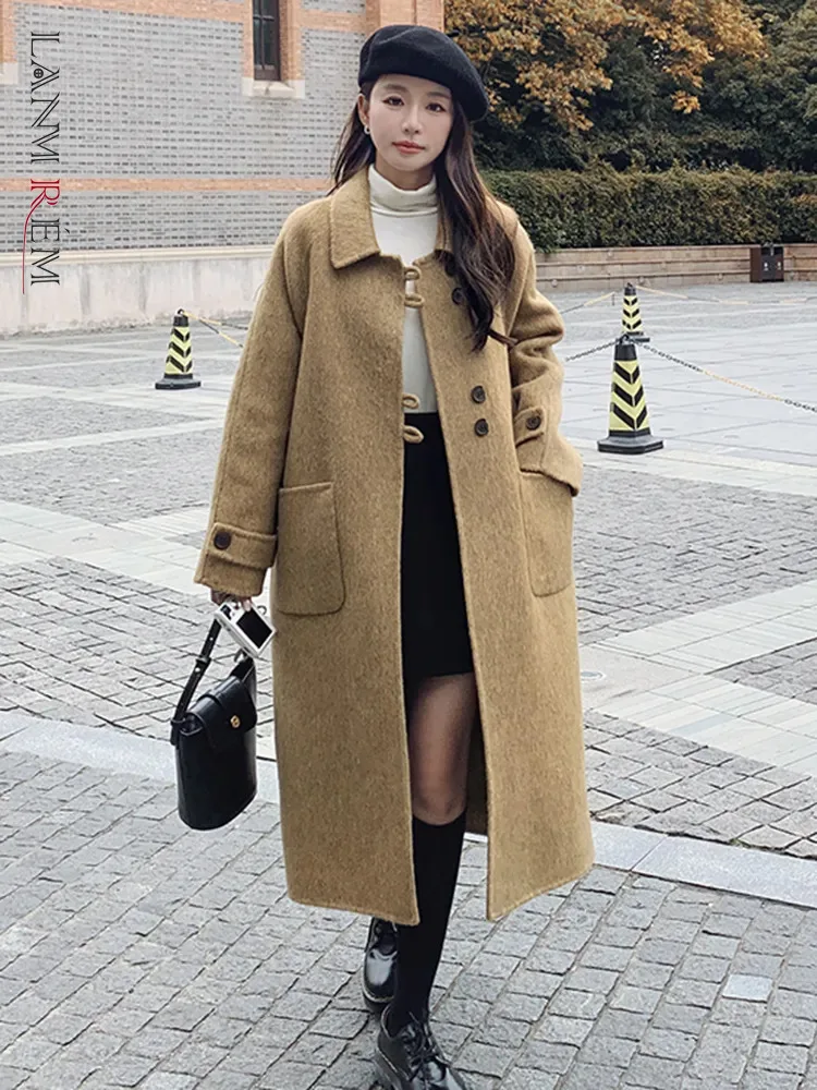 

LANMREM корейский стиль шерстяное длинное пальто для женщин с отворотом однотонная однобортная свободная одежда винтажная Новинка 2023 зима 2AA3300