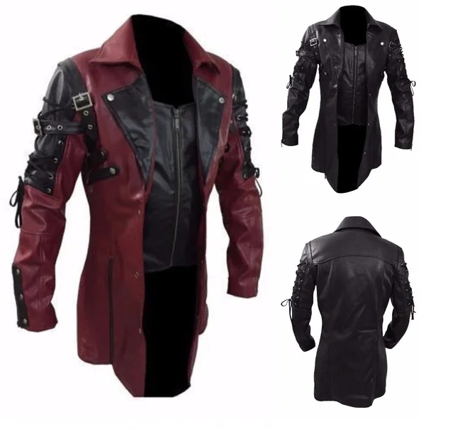 Куртка мужская Длинная кожаная, модная ветровка из искусственной кожи в стиле ретро, готика, средневековый стиль, стимпанк, мотоциклетная к...