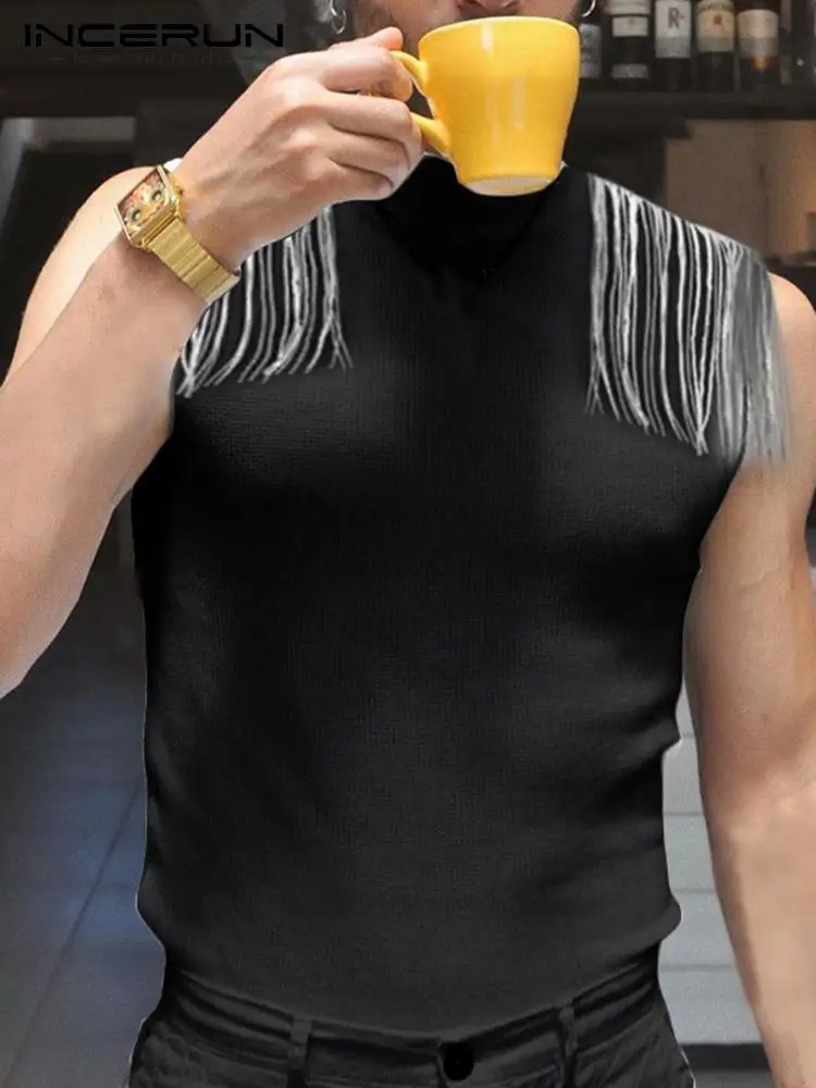 

Fashion Men Tank Tops Tassel Turtleneck Solid Sleeveless Summer Vests Skinny 2022 Streetwear Casual Men Clothing S-5XL INCERUN