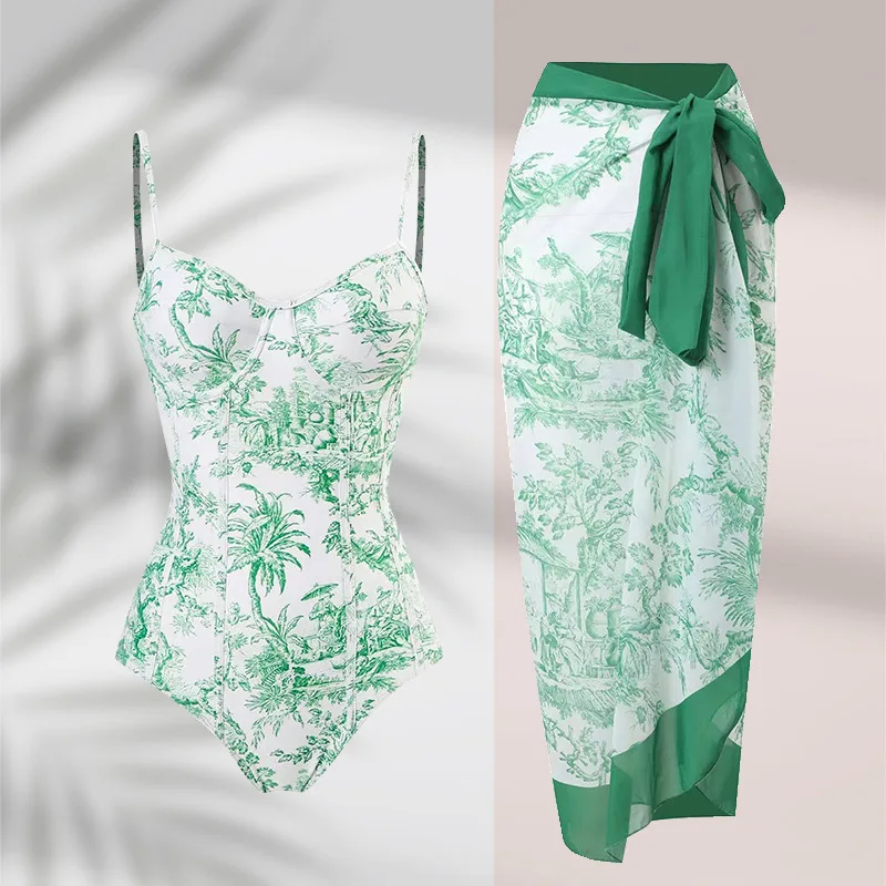 

Women Printed One Piece Swimwear Sexy Backless printing Swimsuit green Summer bikini Beach skirt 2 Piece Suit S~XL 2023 new