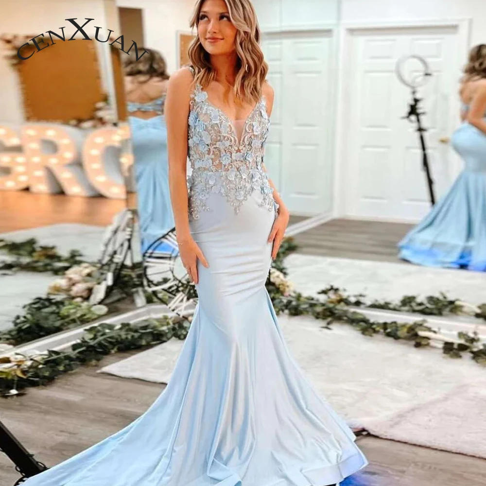 

CENXUAN Attractive Cut-out Party Dresses V-neck Trumpet Lace Appliques 3D Flowers Sleeveless Vestido De Noite Personalised