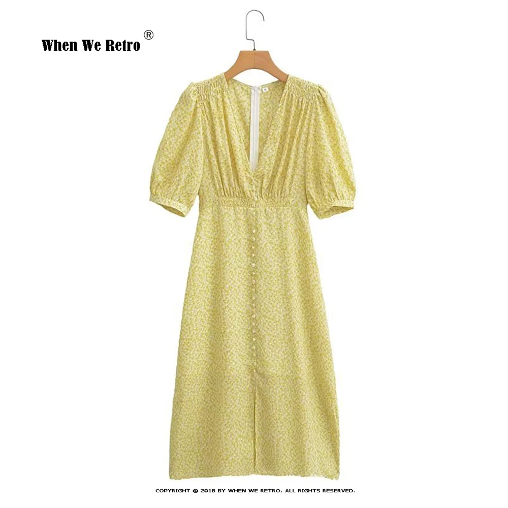

Early Spring 2023 Short Puff Sleeve Midi Dress for Women Yellow Fresh Ditsy Print Dress Holiday Vestidos Female Sundress RS293