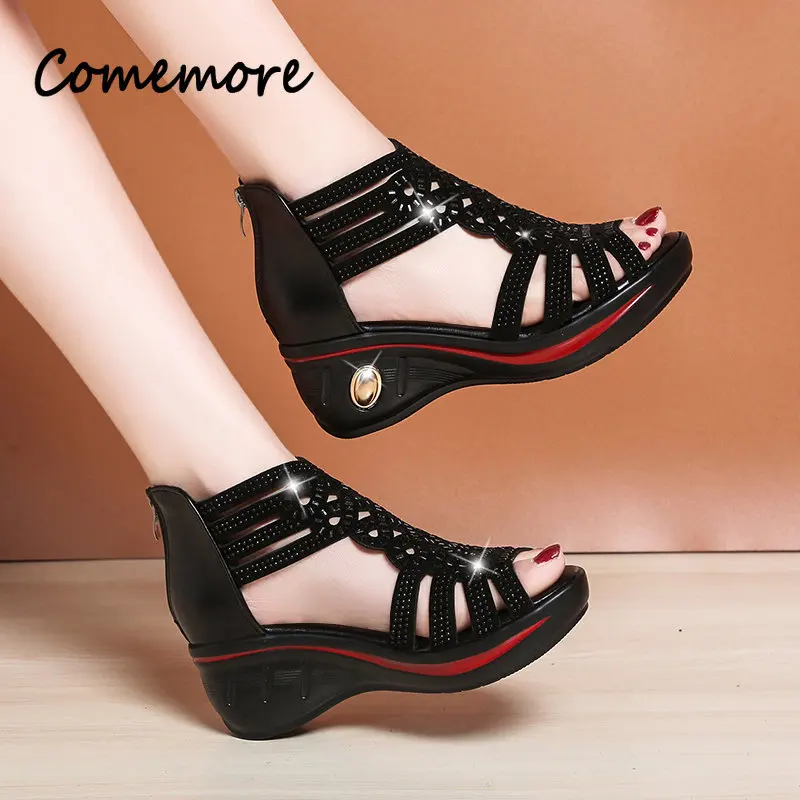 

Comemore 2023 New Fashion Wedge Heels Sandals Women Summer Shoes Elegant Ladies Rome Sandal Female Medium Heel Sandalias Black