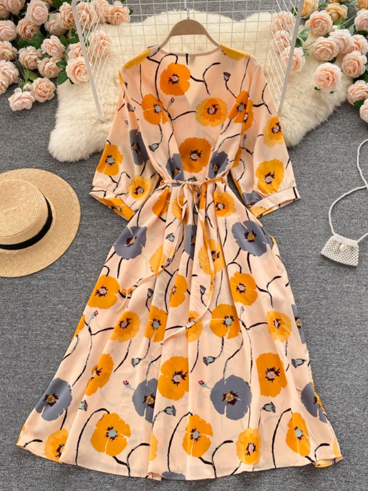 

Hikigawa Chic Fashion Woman Dress Summer Sexy Deep V Neck Long Sleeve Midi Dresses For Women Tied Vintage Print Vestidos Mujer