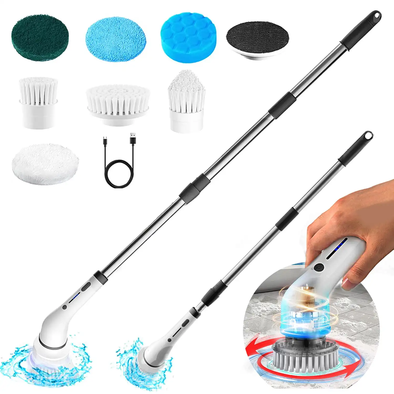 

Electric Spin Scrubber, Cordless Cleaning Brush with 8 Replaceable Brush Heads Adjustable Extension Handle, Power Shower Scrubb