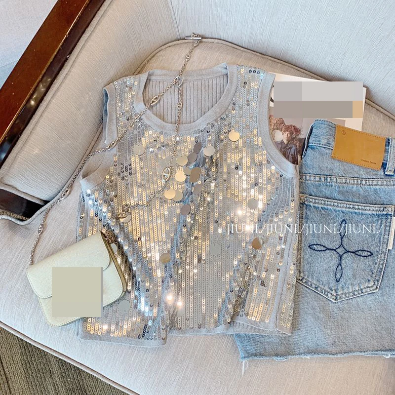 

Grey Sequin Knitted Sleeveless Top Tank Top Women's 2023 Summer New Retro Casual Strap cute tops luxury designer clothing wome
