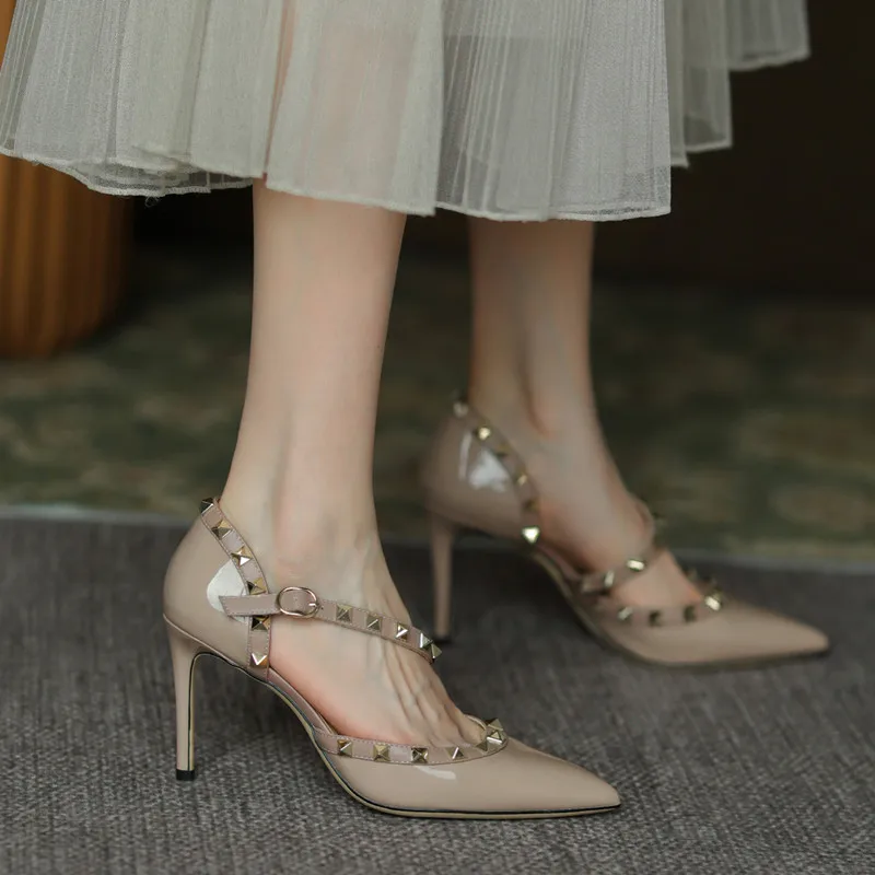 Luxury Designer Women's Shoes Rivet Sandals Real Leather High Heels Summer Classic Pumps 6cm 8cm 10cm Thin Heel Party Shoes 41