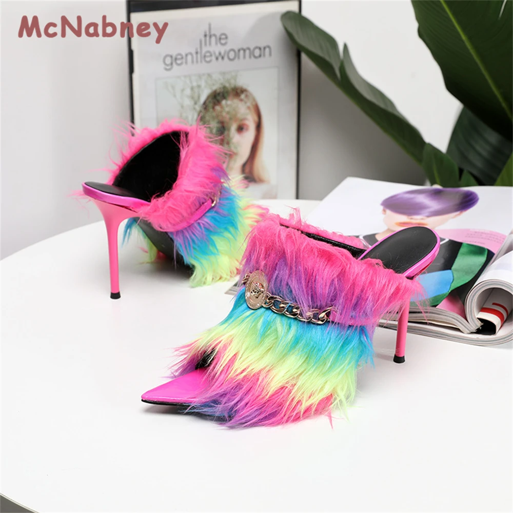 Summer Women Fur Slippers Fluffy Fur Slippers Metal Buckle Sandals Outdoor Flip Flops Fashion Thin Heels Rainbow Fluff Shoes