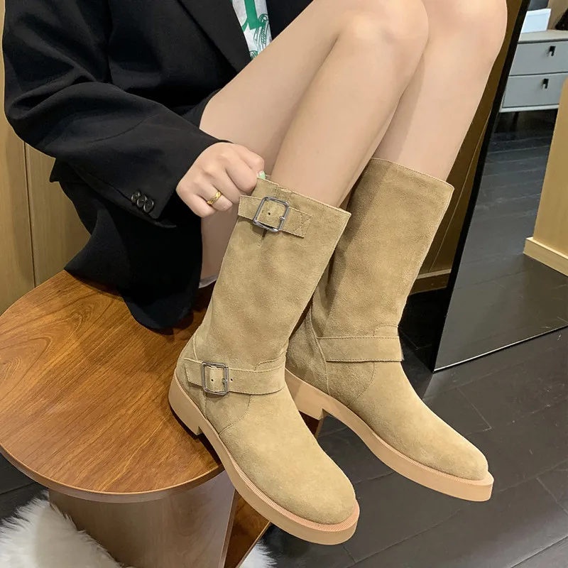 

2022 new Autumn and winter Women ankle boots natural leather 22-24.5cm cow suede upper western boots Buckle mid-calf Boots