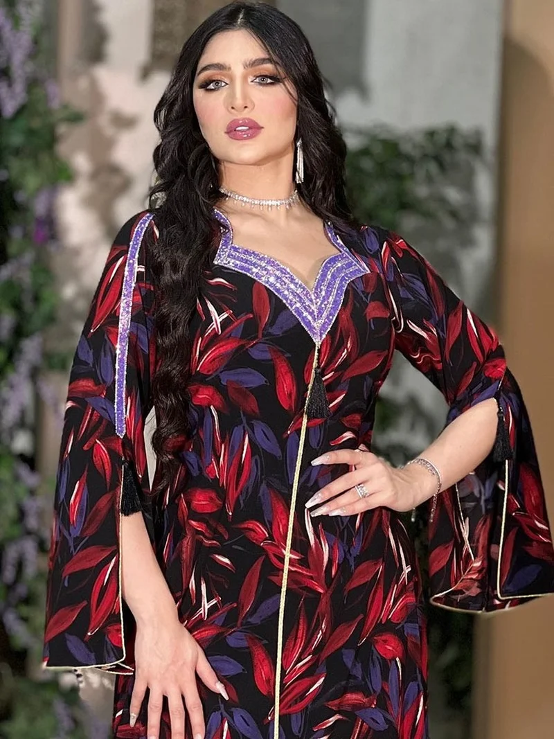 Diamonds Abaya Arabian Evening Dress for Women Floral Printed Tassel Ramadan Muslim Party Long Dress Gulf Jalabiya Dubai Abayas