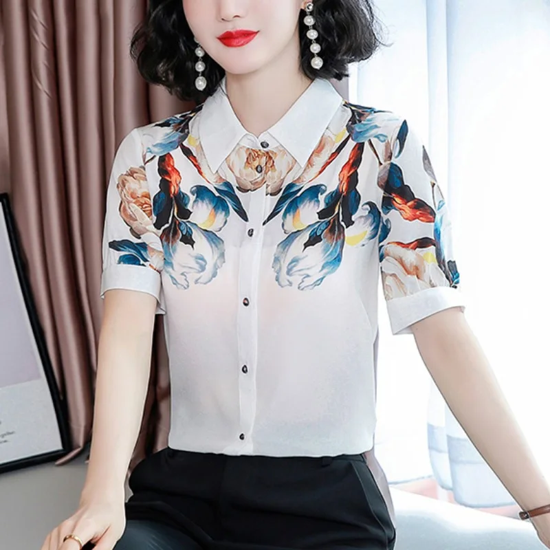 Elegant Lapel Button All-match Printed Shirt Women's Clothing 2023 Spring New Loose Casual Tops Short Sleeve Office Lady Blouse