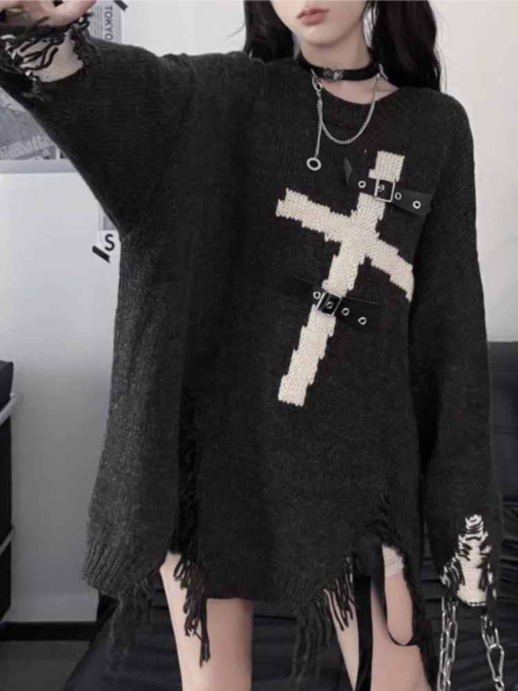 

HOUZHOU Y2k Gothic Goth Harajuku Punk Sweater Women Pullovers Dark Grunge Knitted Tops 2023 Korean Fashion Kpop Streetwear