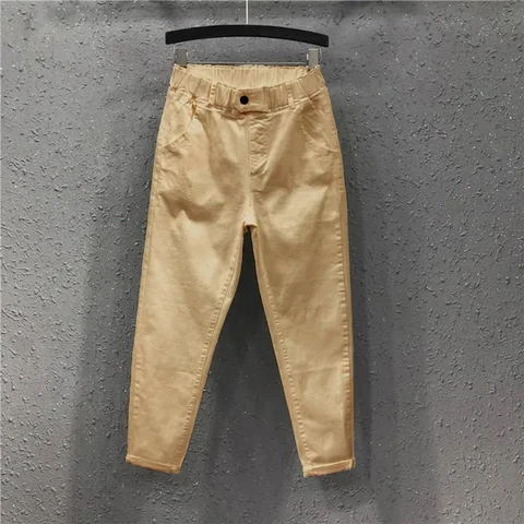 Spring Fall Women's Ankle-length Harem Jeans Elastic Waist White Denim Basic Pants Baggy Casual Fashion Straight Trousers
