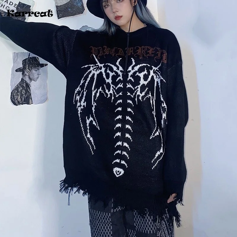 

Hip Hop Streetwear Knitted Sweater Gothic Letter Bat Skeleton Print Pullover en Autun Harajuku Cotton Casual Sweater