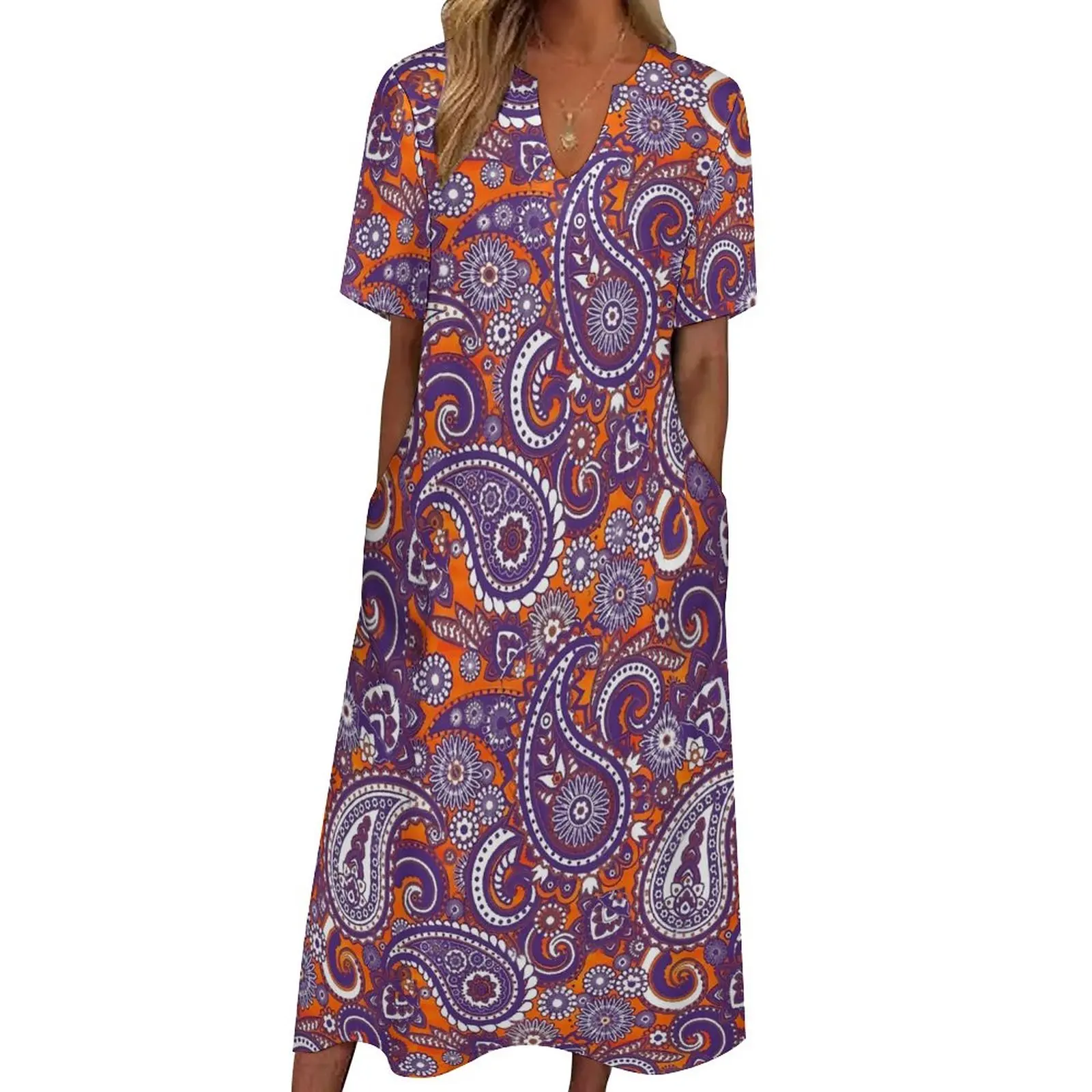 

Paisley Print Dress Vintage Floral Modern Maxi Dress Short Sleeve Design Casual Long Dresses Street Wear Oversize Clothing