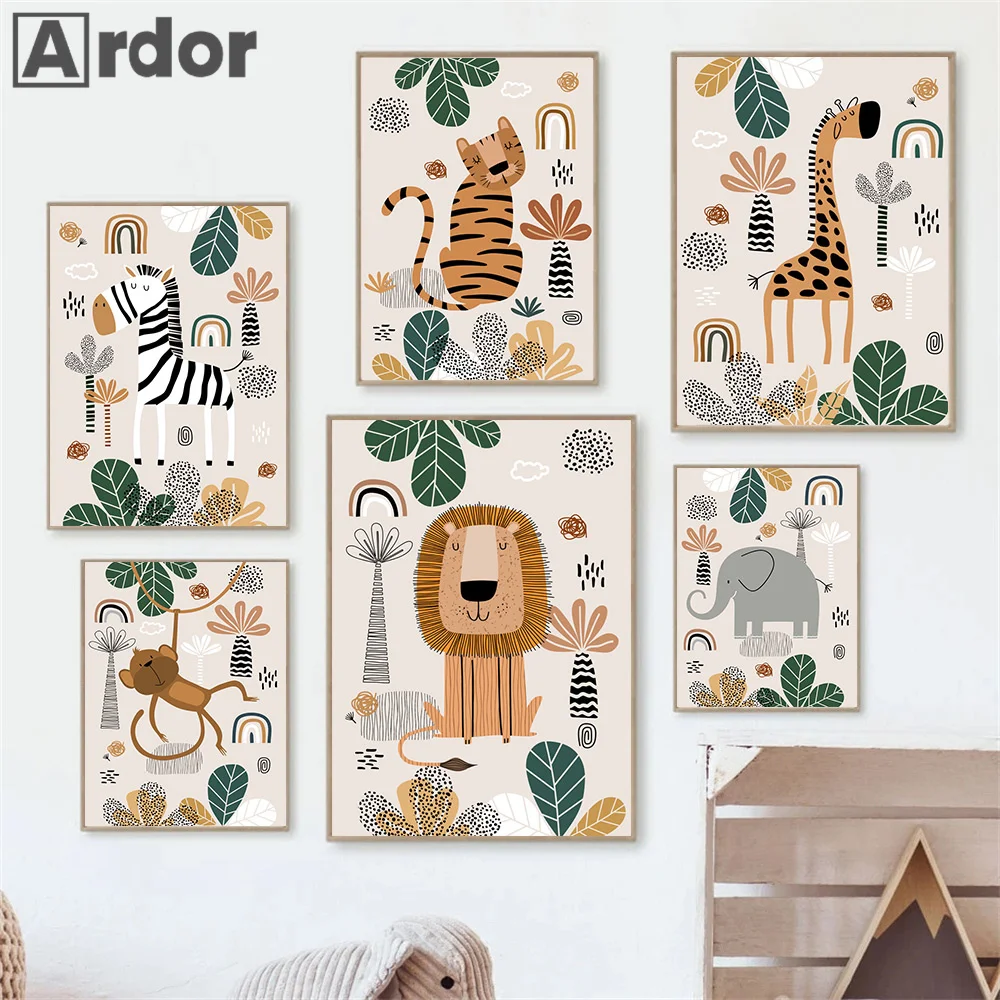 

Safari Animals Lion Giraffe Zebra Green Jungle Poster Canvas Painting Nursery Wall Art Prints Picture Nordic Kids Bedroom Decor